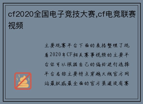 cf2020全国电子竞技大赛,cf电竞联赛视频