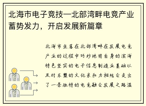 北海市电子竞技—北部湾畔电竞产业蓄势发力，开启发展新篇章